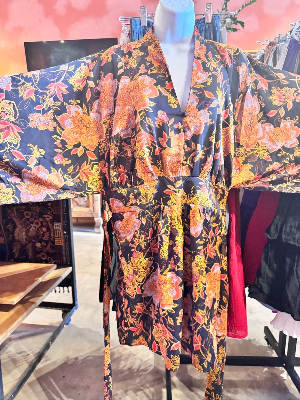 VIci Floral Kimono Wrap Dress - Black with Gold and Pink Floral Print Small